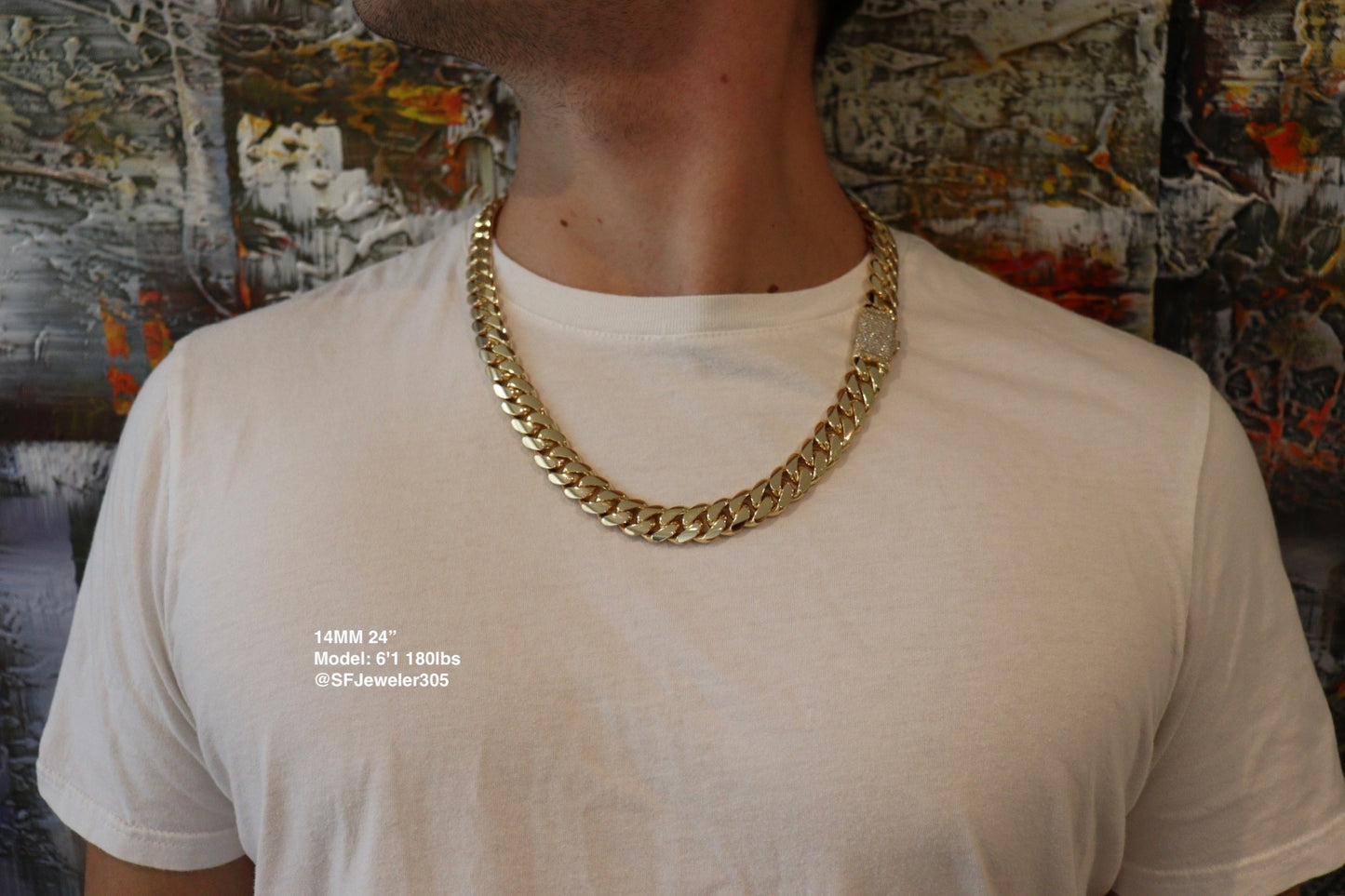 14MM Miami Cuban Link Chain – Premium 14k Gold Over .999 Silver + VVS1 Moissanite Stones Lock