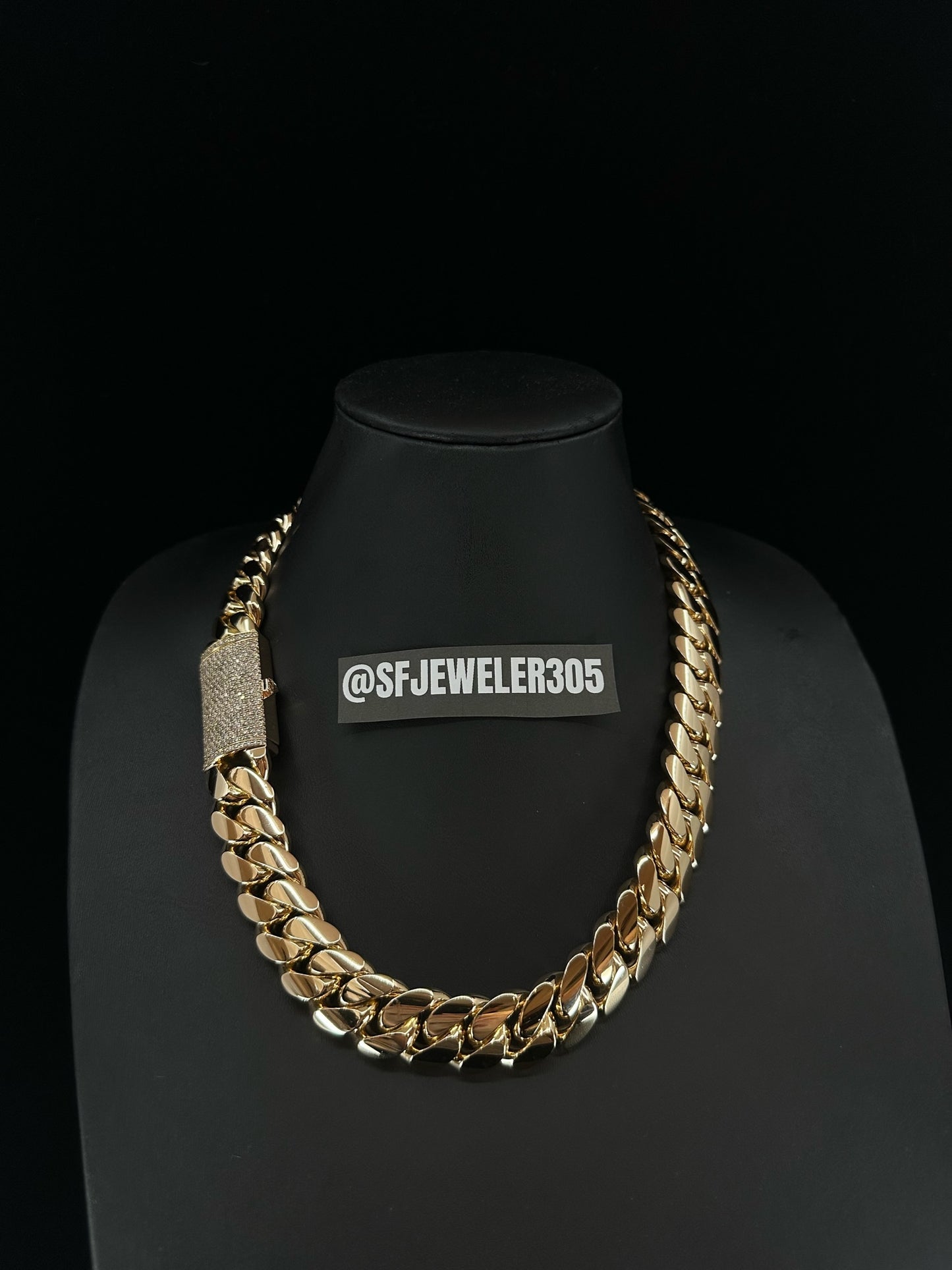 22MM Cuban Link Chain in yellow gold with fully iced-out VVS1 Moissanite Stones Lock, Jewelry by SF Jeweler 305.