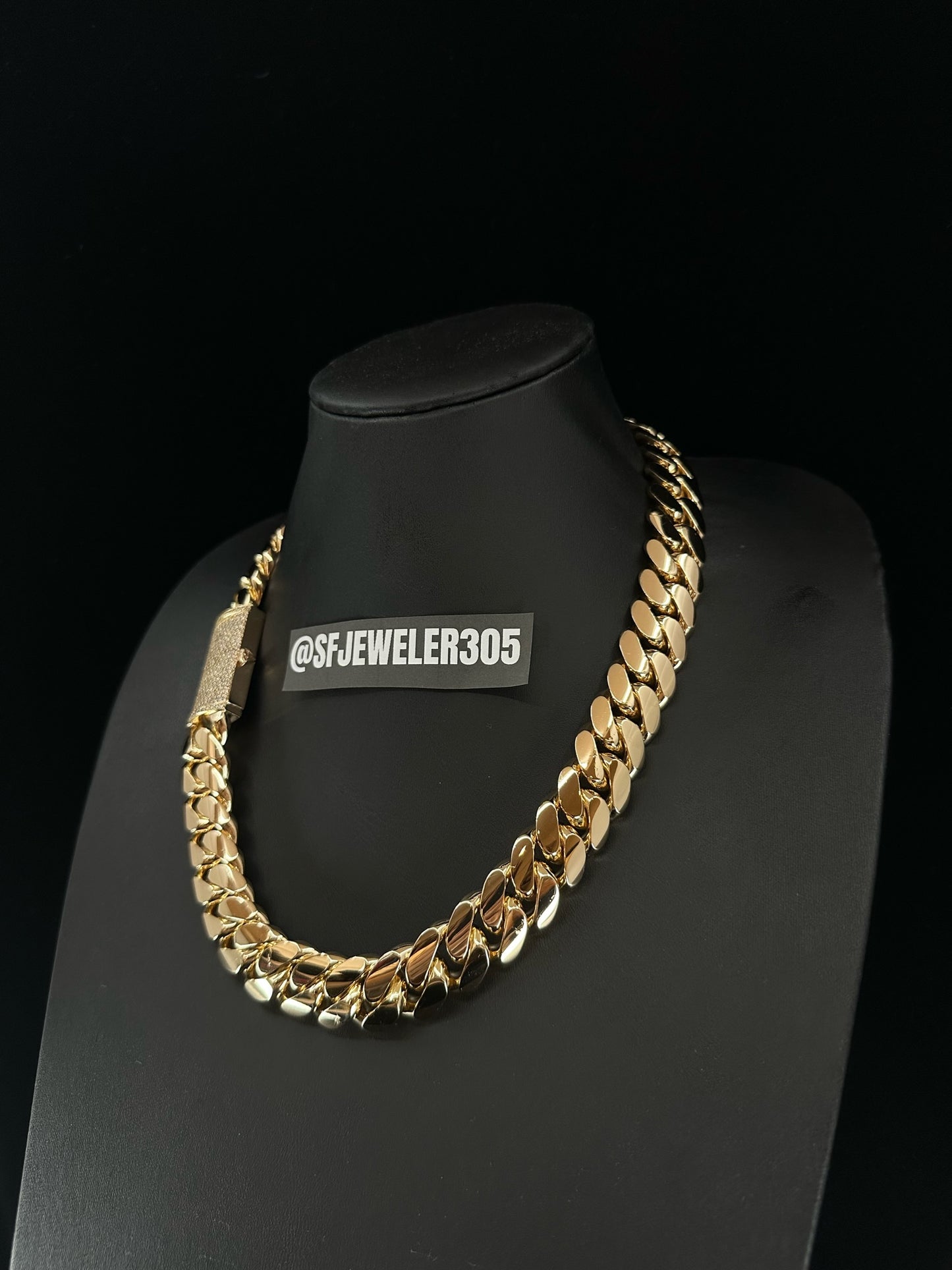22MM Cuban Link Chain in yellow gold with fully iced-out VVS1 Moissanite Stones Lock, Jewelry by SF Jeweler 305.