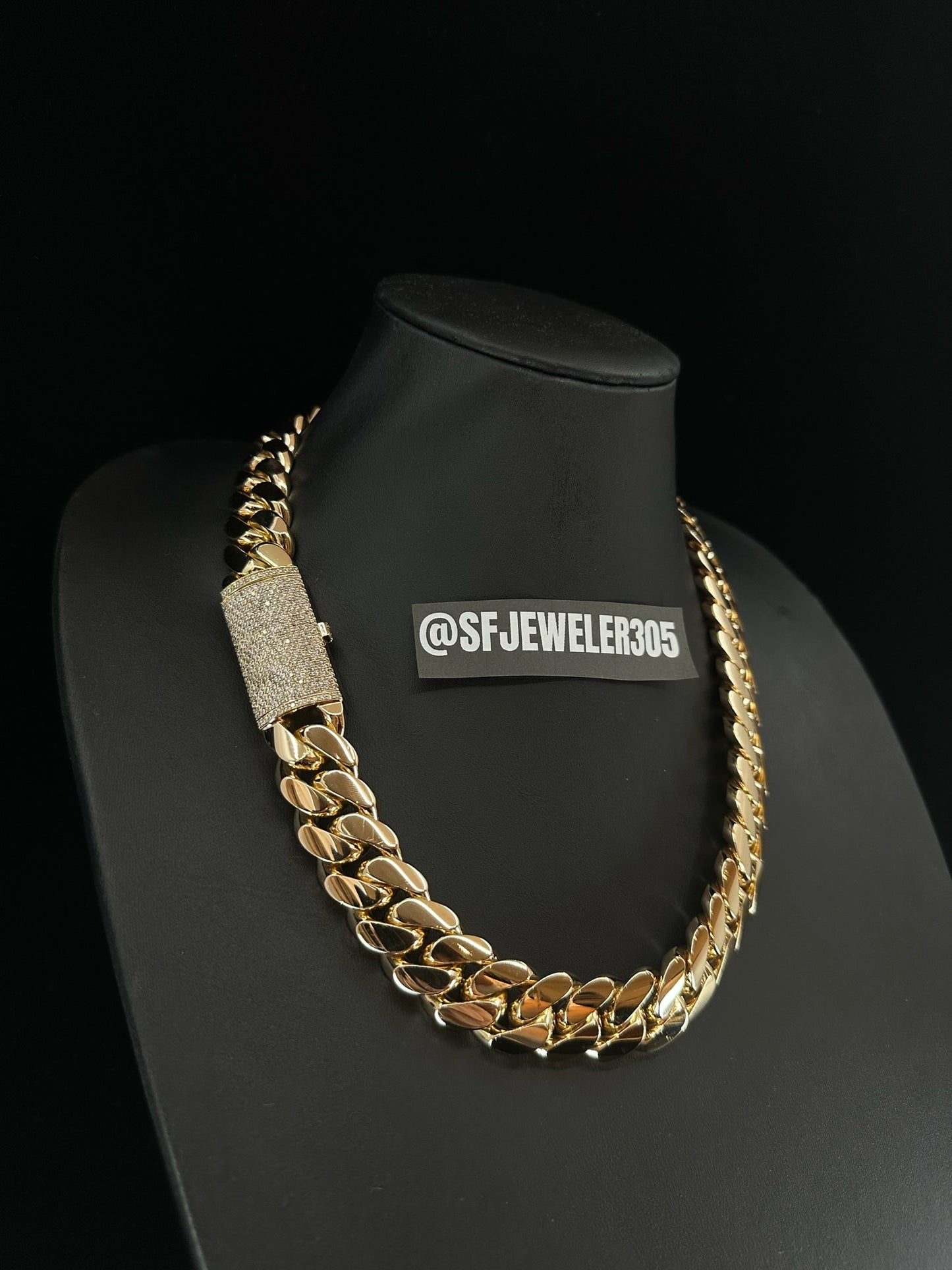22MM Cuban Link Chain in yellow gold with fully iced-out VVS1 Moissanite Stones Lock, Jewelry by SF Jeweler 305.