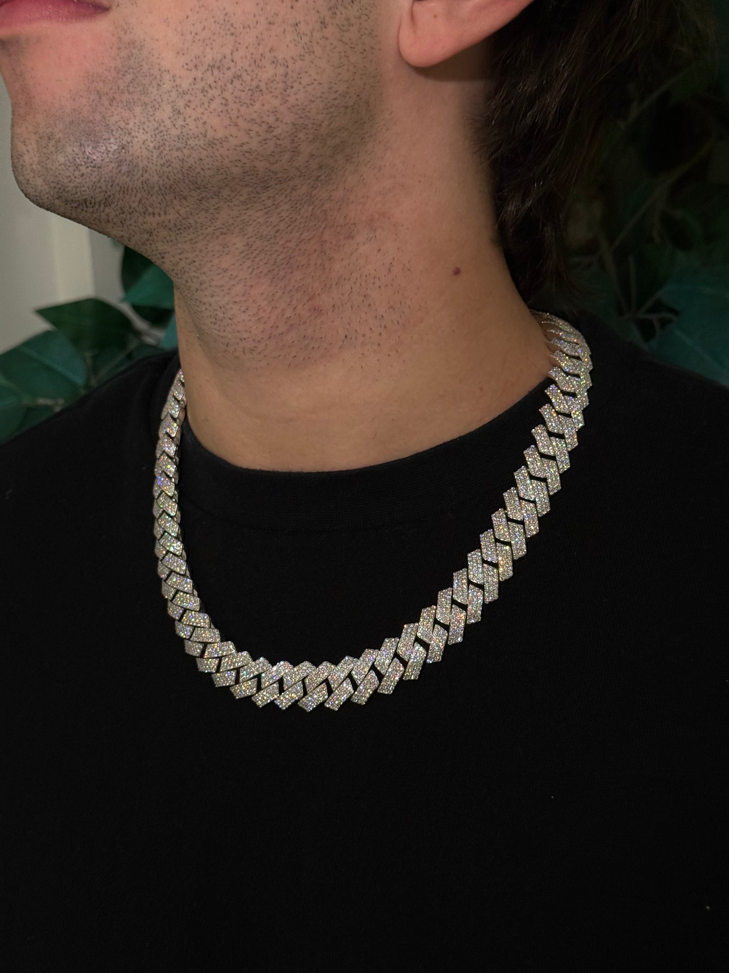 16MM Cuban Link Chain + VVS1 Moissanite Stones -Prong Setting-