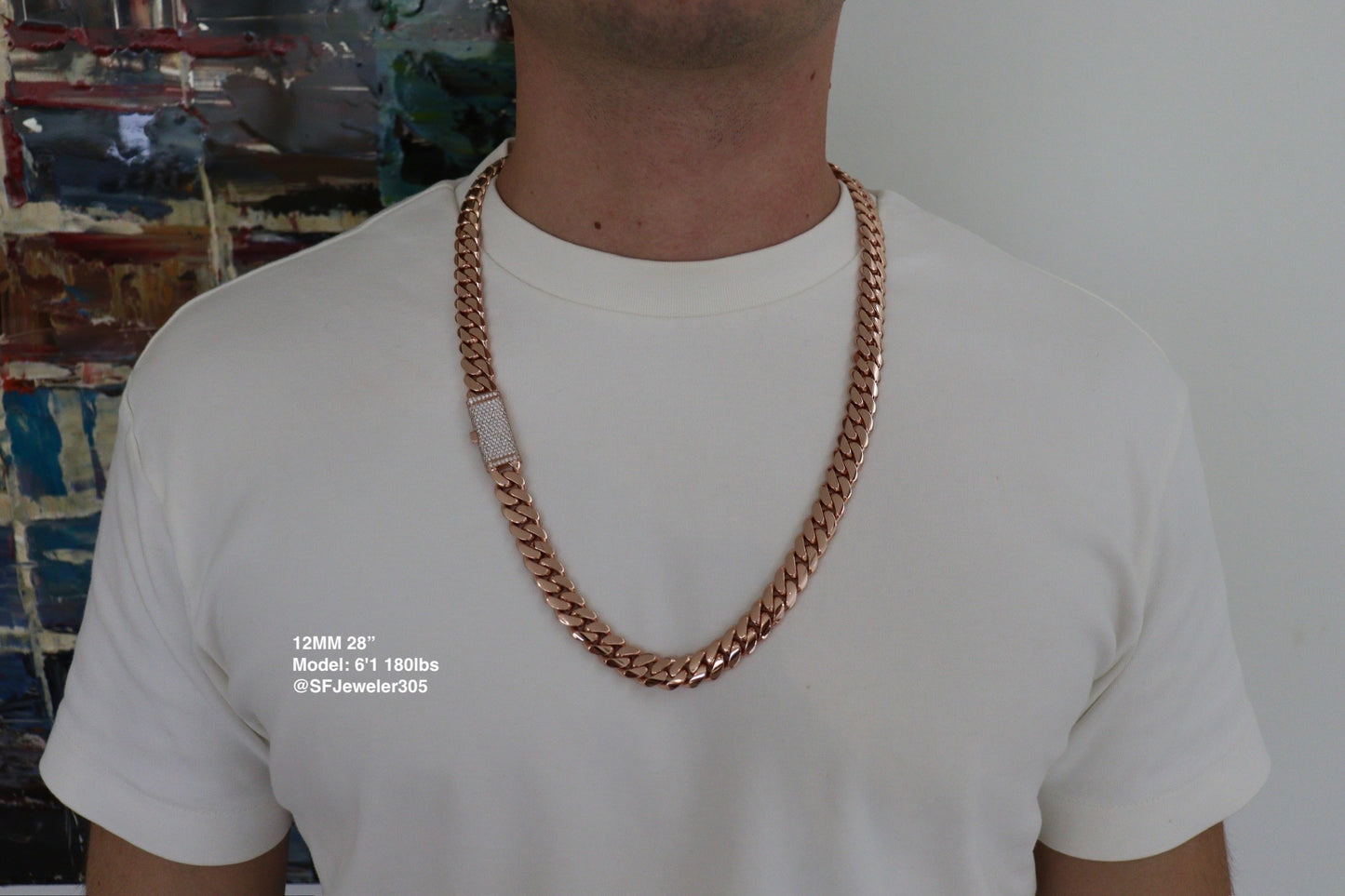 12MM Miami Cuban Link Chain – Premium 14k Gold Over .999 Silver + VVS1 Moissanite Stones Lock