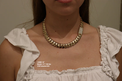 14MM Miami Cuban Link Chain – Premium 14k Gold Over .999 Silver + VVS1 Moissanite Stones Lock