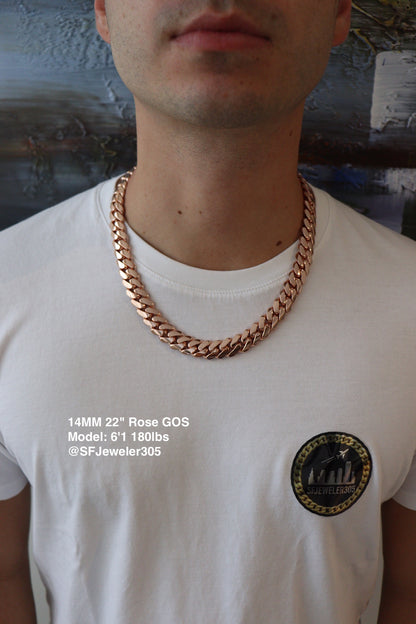 Man wearing a 14MM 22 inch rose gold over silver Cuban link chain, modeled by SF Jeweler 305. The bold Miami Cuban chain has a heavy, polished finish and is styled with a casual t-shirt.