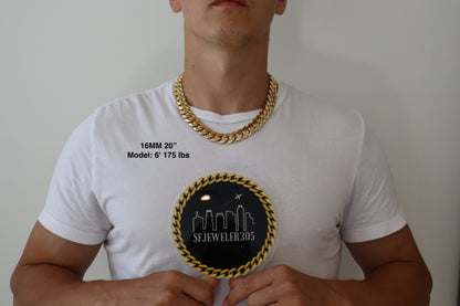 Man wearing a 16MM 20 inch yellow gold over silver Cuban link chain, modeled by SF Jeweler 305. The bold Miami Cuban chain has a heavy, polished finish and is styled with a casual t-shirt.