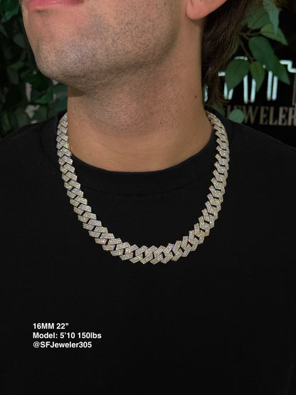 16MM Cuban Link Chain + VVS1 Moissanite Stones -Prong Setting-