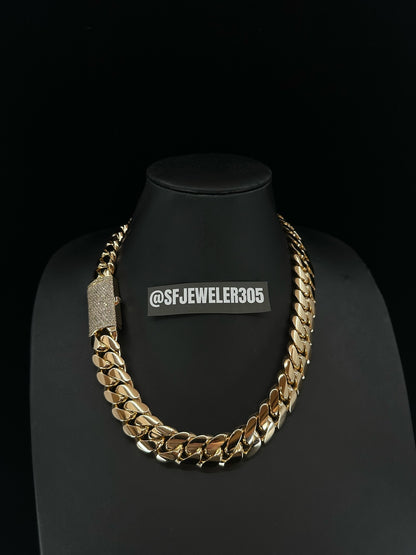 22MM Cuban Link Chain in yellow gold with fully iced-out VVS1 Moissanite Stones Lock, Jewelry by SF Jeweler 305.
