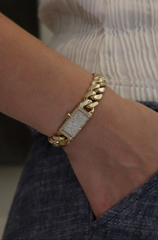 12MM Miami Cuban Link Bracelet – Premium 14k Gold Over .999 Silver + VVS1 Moissanite Lock