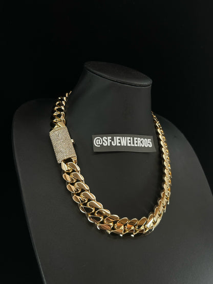 22MM Cuban Link Chain in yellow gold with fully iced-out VVS1 Moissanite Stones Lock, Jewelry by SF Jeweler 305.