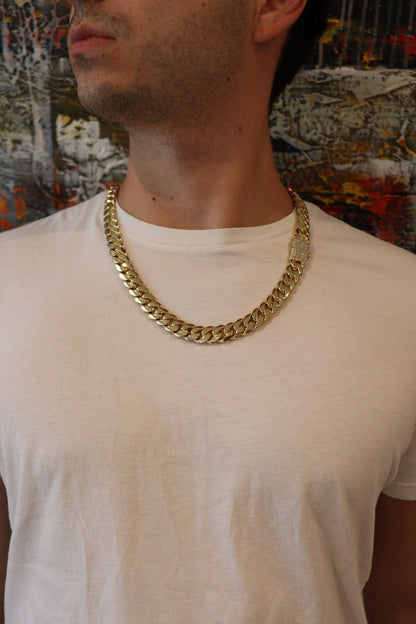 14MM Miami Cuban Link Chain – Premium 14k Gold Over .999 Silver + VVS1 Moissanite Stones Lock