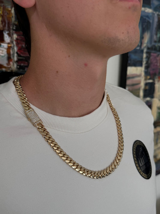 10MM Miami Cuban Link Chain – Premium 14k Gold Over .999 Silver + VVS1 Moissanite Stones Lock