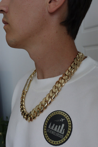 20MM Miami Cuban Link Chain – Premium 14k Gold Over .999 Silver + VVS1 Moissanite Lock