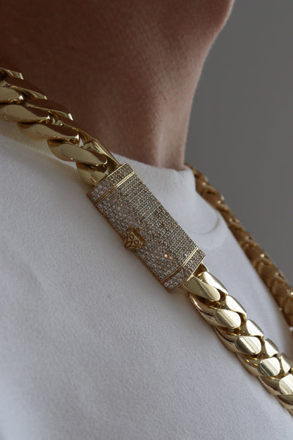 20MM Miami Cuban Link Chain – Premium 14k Gold Over .999 Silver + VVS1 Moissanite Lock