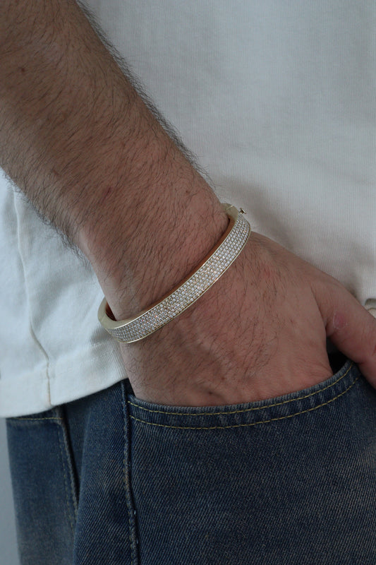 12MM 8" Cuff Bracelet 14K Yellow Gold Over Silver + VVS1 Moissanite Stones - 53 Grams - Inventory