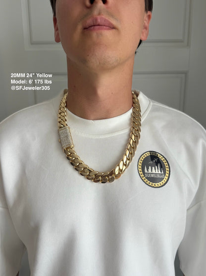 20MM Miami Cuban Link Chain – Premium 14k Gold Over .999 Silver + VVS1 Moissanite Lock