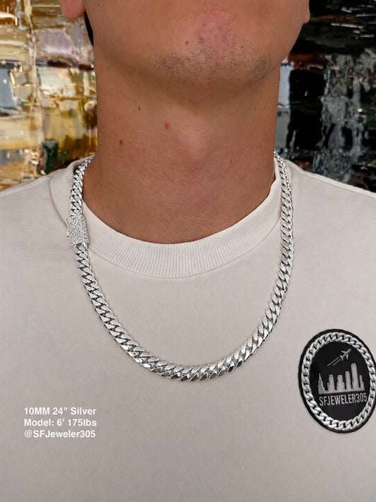 10MM Miami Cuban Link Chain – Premium .999 Silver + VVS1 Moissanite Stones Lock