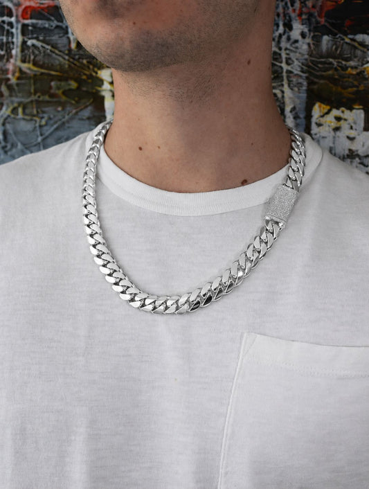 14MM Miami Cuban Link Chain – Premium .999 Silver + VVS1 Moissanite Stones Lock