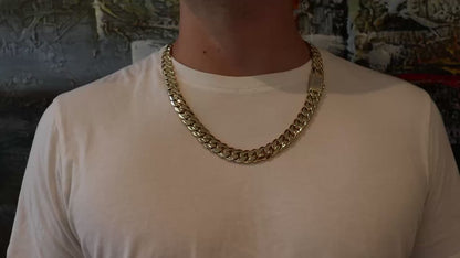 14MM Miami Cuban Link Chain – Premium 14k Gold Over .999 Silver + VVS1 Moissanite Stones Lock
